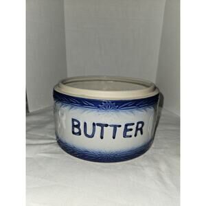 Salt Glaze Stoneware Butter Crock Blue & White Cow & Flower Pattern Pottery